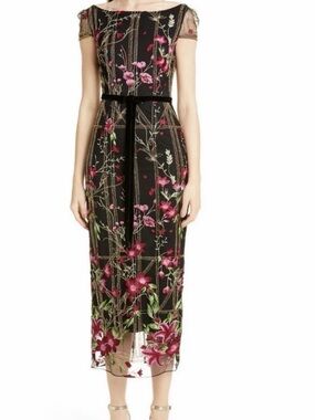 Marchesa Black Midi Dress with Pink Floral Embroidery